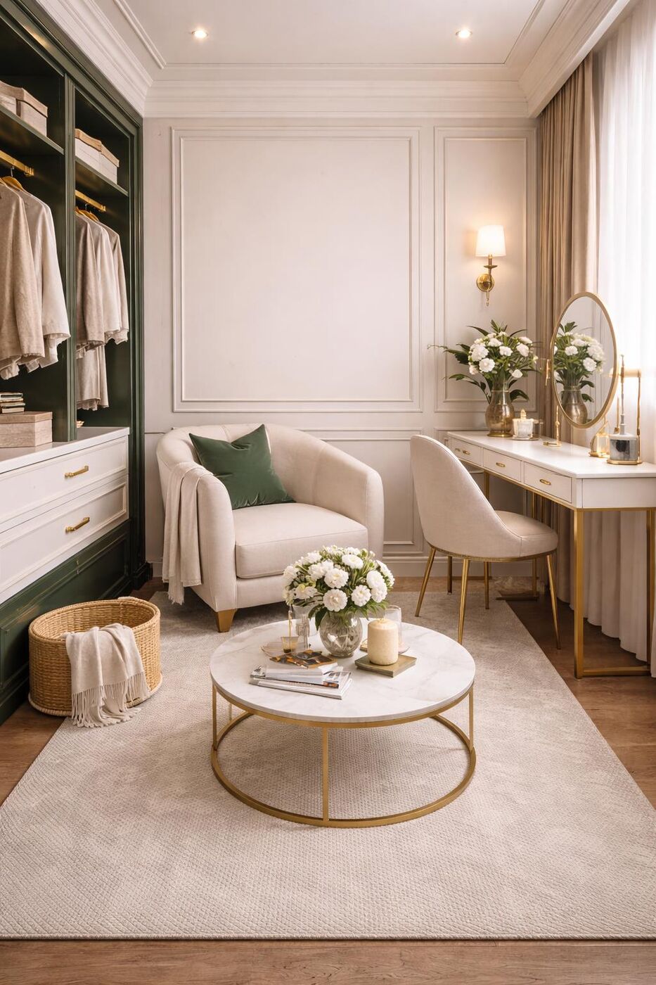 Ambiente neoclássico verde e dourado do Studio Ouse Use Feh, com poltrona e mesa de centro