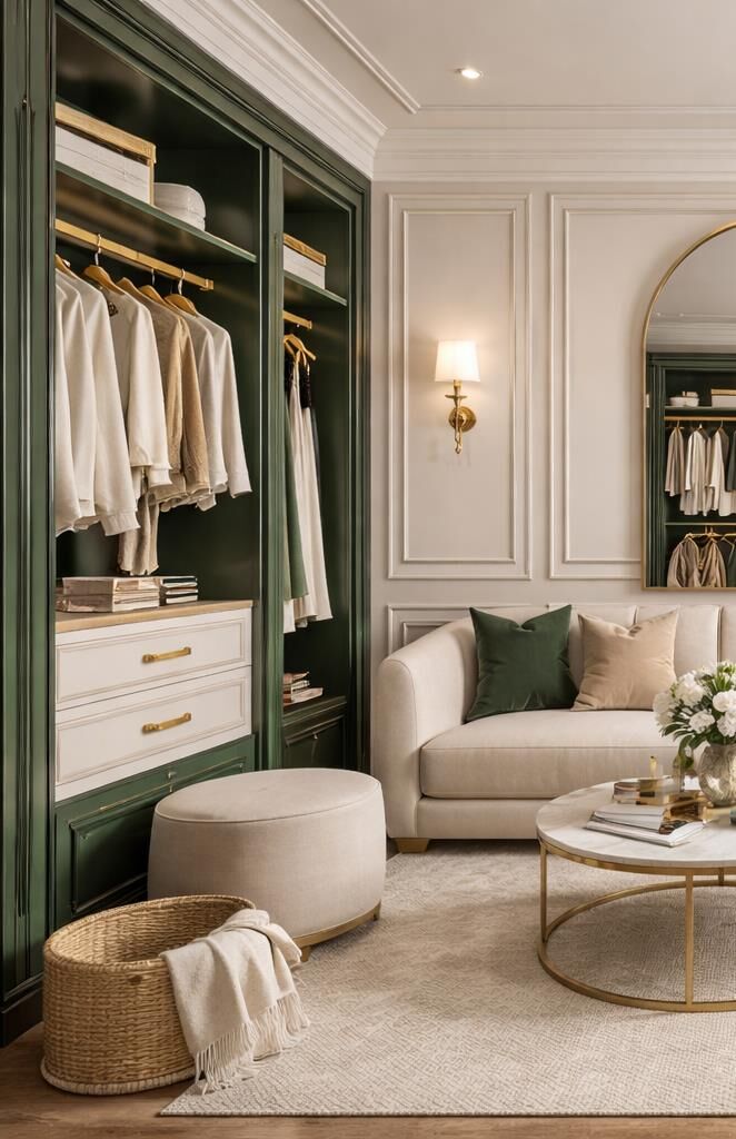Closet com marcenaria verde fechado, puxadores dourados e poltrona bege