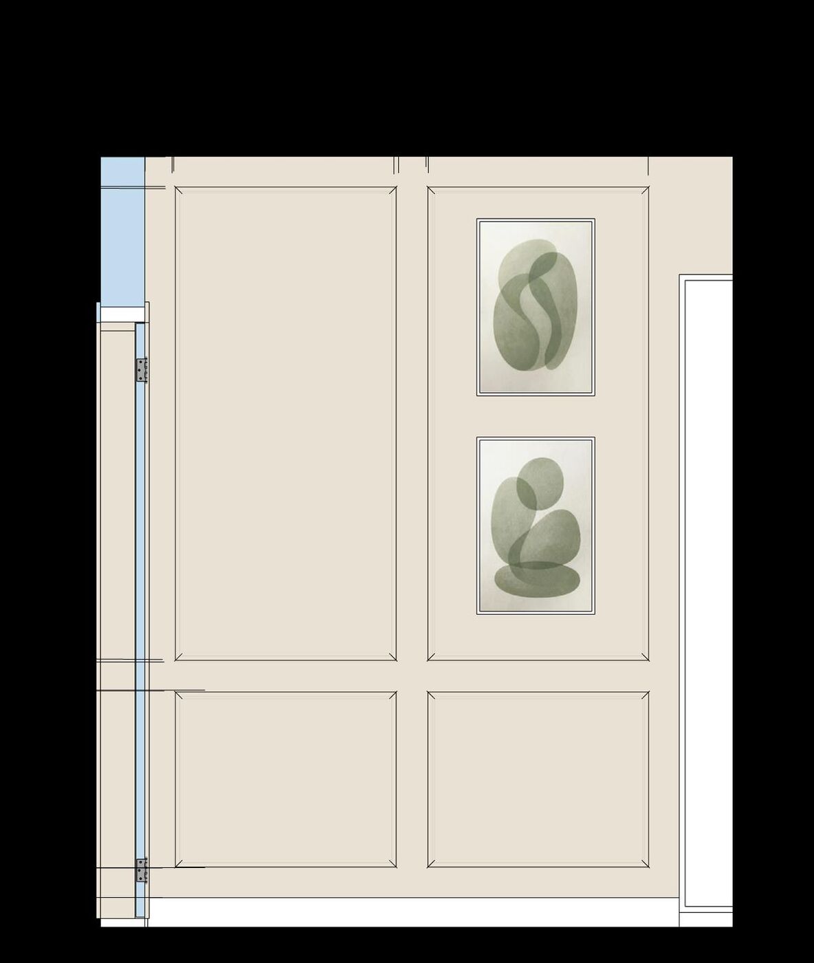 Render 3D de parede com boiseries, quadros decorativos e guarda-roupa